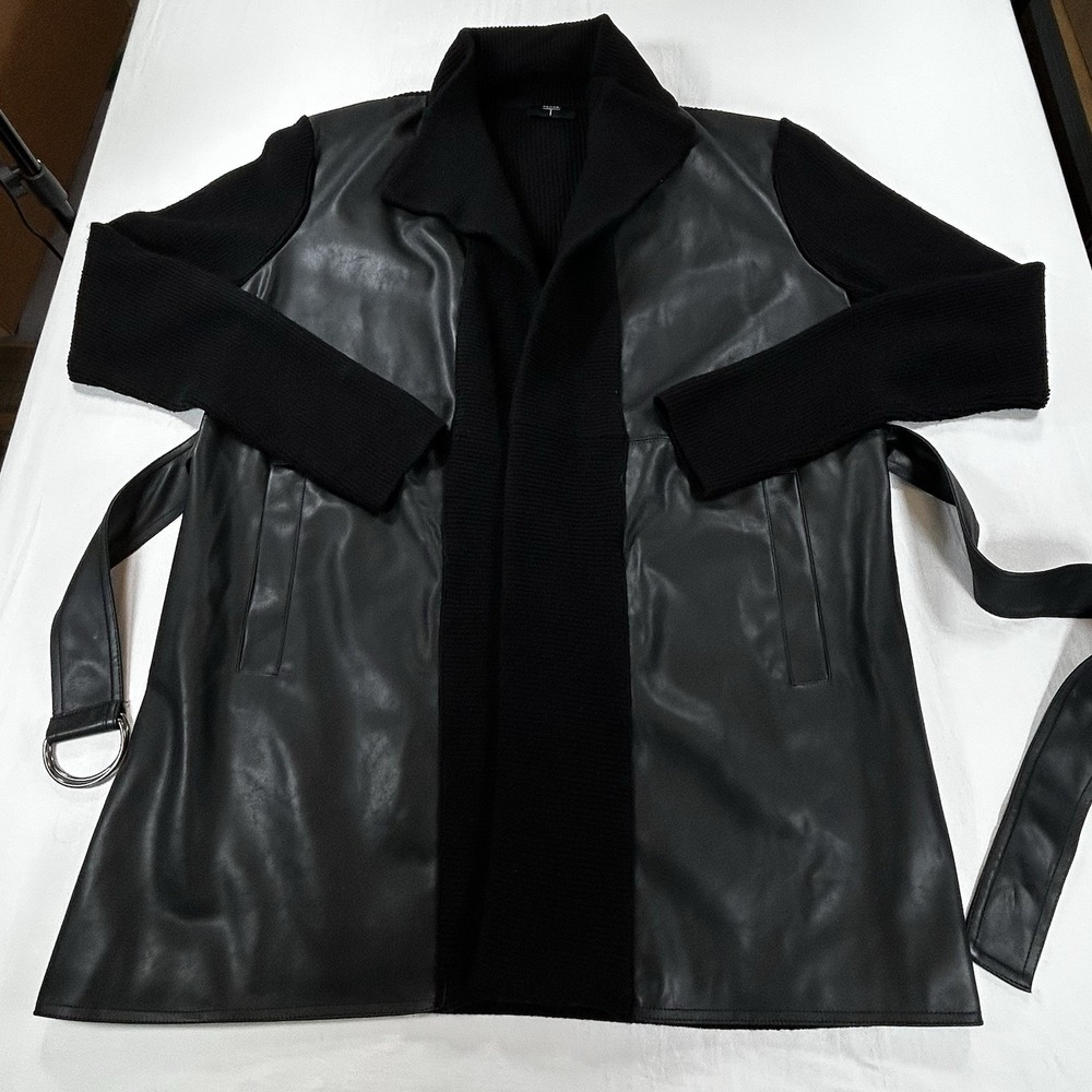 Tahari Faux Leather Knit XL Cardigan Sweater Belt Open Front Pockets Women's